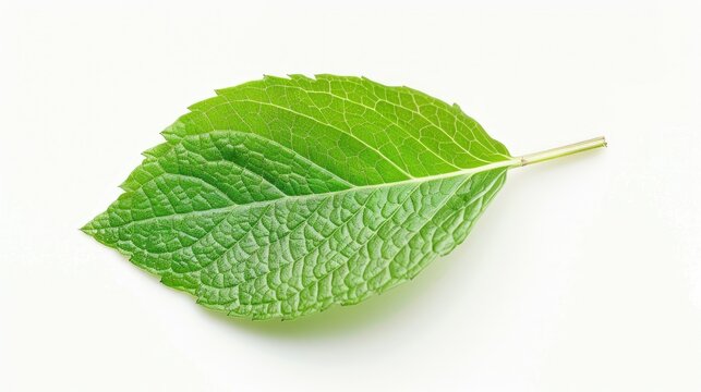 Close-up of a single fresh mint leaf isolated on white, perfect for eco-friendly product ads