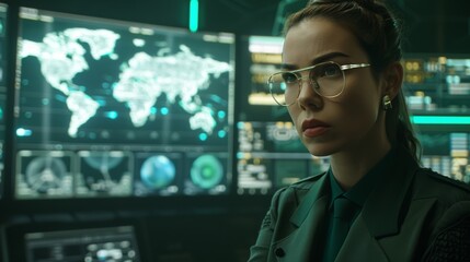 Professional woman analyzing global data on futuristic displays