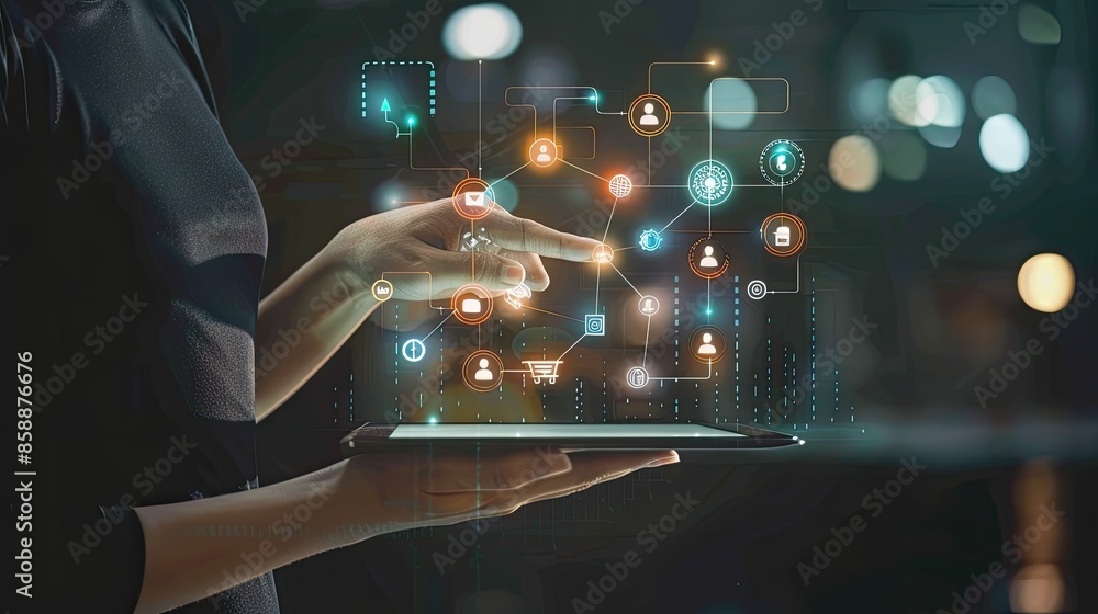 Poster digital interface with connected business and technology icons on a tablet