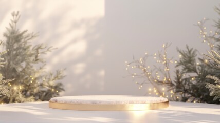 White and Gold Christmas background with cylindrical empty podium for promotions. Round stage for presentation sale product. Pedestal or platform, snow, Xmas trees, glass balls, gifts and decorations.