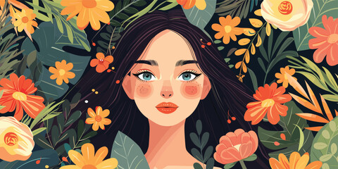 Spring and Summer Garden Illustration: A Cheerful Woman Amidst Vibrant Flowers, Leaves, and Plants - Perfect for Banners, Posters, and Women's Day Cards