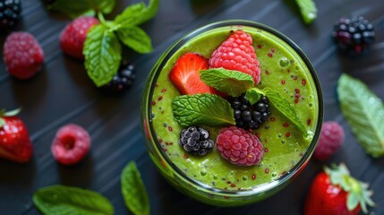 Delicious green smoothie topped with mint leaves and fresh berries