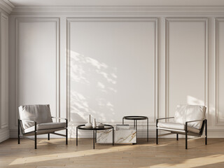 White contemporary classic interior with armchairs, coffee tables, moldings and decor. 3d render illustration mockup.