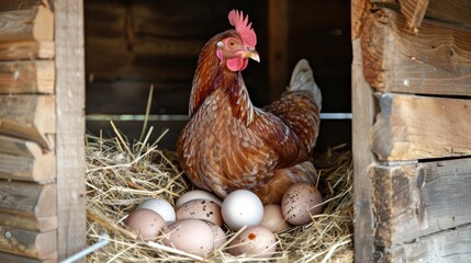 A red hen hatching eggs in a straw nest inside a wooden coop