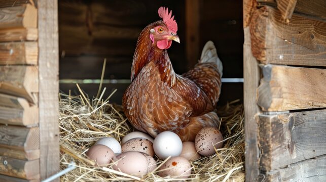 A red hen hatching eggs in a straw nest inside a wooden coop