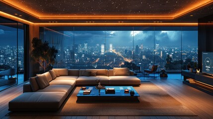 Luxurious Living Room with Panoramic City View at Night