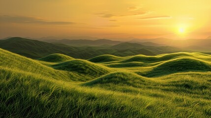 Obraz premium Green hills with short grass texture under a golden sunset