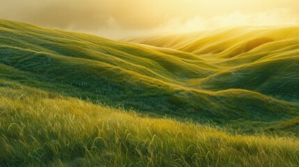 Obraz premium Green hills with short grass texture under a golden sunset