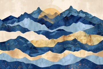 Vintage textured mountain landscape with rising sun