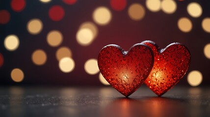 Fototapeta premium Two red hearts illuminated against a Bokeh light background. Copy space. Valentine, wedding background. Generative Ai.
