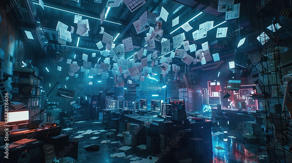 Aufkleber room with a lot of papers flying around and a computer monitor. scene is chaotic and disorganized