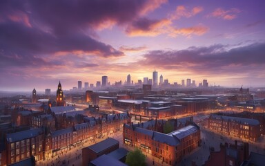 Fototapeta premium Top view Manchester cityscape at sunset