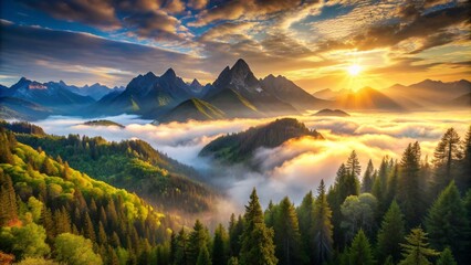 Fototapeta premium Magnificent sunrise panorama showcasing majestic mountains, lush green forests, and serene misty valleys, bathed in golden light, with rugged peaks stretching towards the sky.,hd,8k.