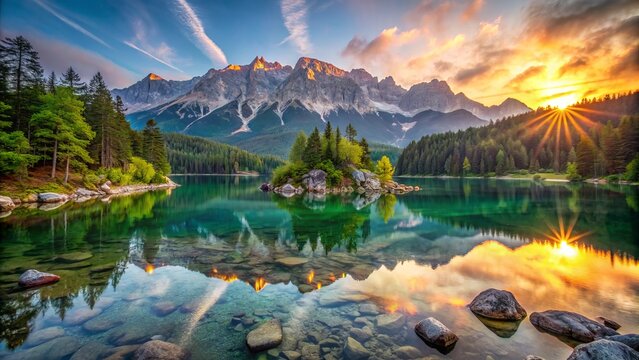 Vibrant summer sunrise illuminates the serene eibsee lake, surrounded by majestic zugspitze mountain range, highlighting nature's breathtaking beauty in german alps, bavaria, germany.,hd,8k.