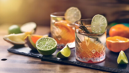 Fototapeta premium Close up places drinks alcohol cocktail with slices of citrus on digital art concept.