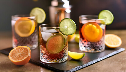 Fototapeta premium Close up places drinks alcohol cocktail with slices of citrus on digital art concept.