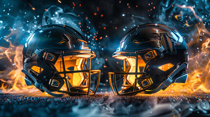 Fototapeta premium Two football helmets face off against each other, engulfed in flames and smoke. The intense lighting creates a dramatic and dynamic scene