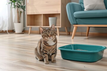 Domestic tabby cat sitting next to a litter box indoors