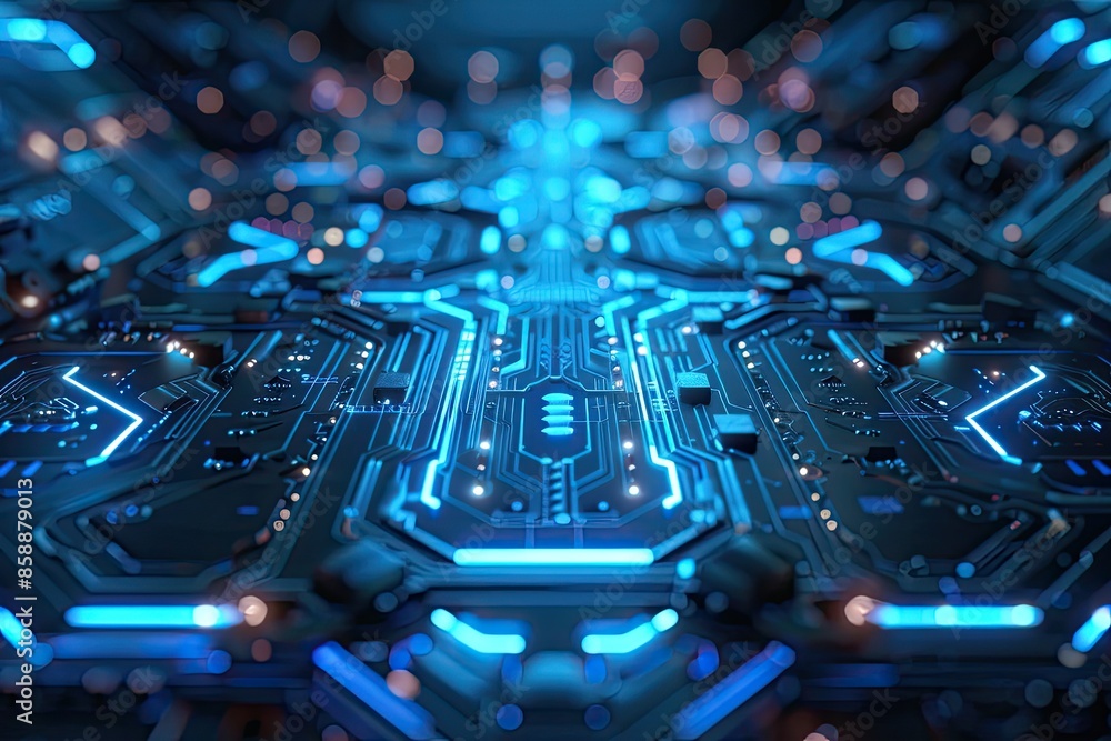Poster a close up of a blue electronic circuit board with many small lights. concept of complexity and soph