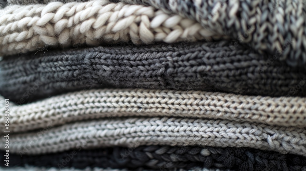 Poster close up of a stack of knitted textiles in varying textures and shades of grey