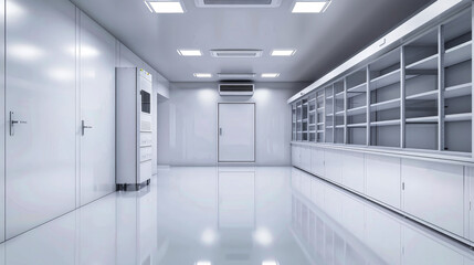 A pristine white industrial refrigerated room, complete with a large walk-in freezer and a gleaming floor, perfect for storing food safely