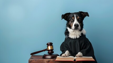 Canine Jurist Presiding Over Legal Proceedings on Plain Blue Background