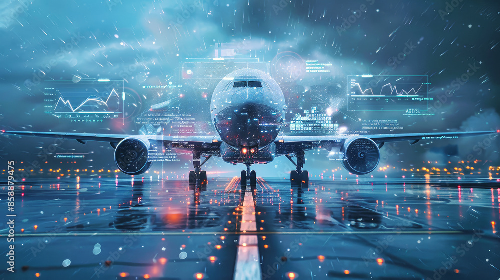 Poster a futuristic plane with glowing blue lines and data visualizations, ready for takeoff on a digital r
