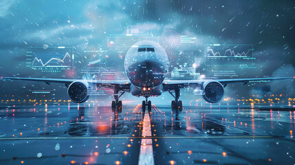 A futuristic plane with glowing blue lines and data visualizations, ready for takeoff on a digital runway