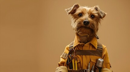 Dog Electrician in Uniform with Tools and Wires on Plain Background