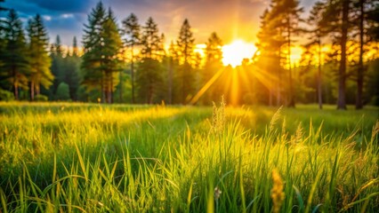 Vibrant green blades of grass sway gently in the warm, golden light of a summer forest at sunset, with a soft, dreamy blur.,hd,8k.