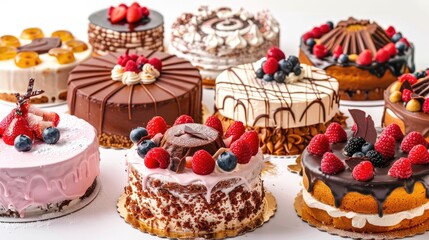 Assorted colorful cakes on white background