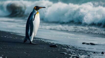 Fototapeta premium King pinguin walking at the beach. 