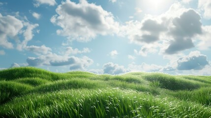 Obraz premium Short, soft grass texture on green hills under a partly cloudy sky