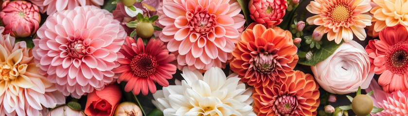 A vibrant close-up of assorted blooming flowers in various shades of pink, white, and orange,...