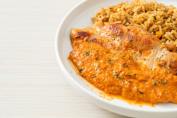 grilled chicken steak with red curry sauce and rice