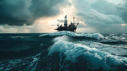 A silhouetted oil and gas production platform stands tall against a stormy sea, demonstrating the resilience of industrial infrastructure in the face of challenging weather conditions