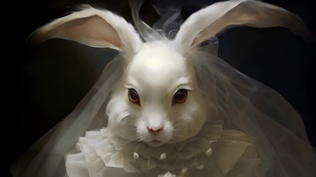 Whimsical rabbit dressed as a bride, with a light veil and fluttering eyelashes