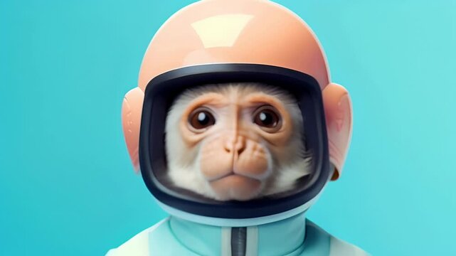 The Cute monkey astronaut in a helmet and in a space suit on a solid blue background