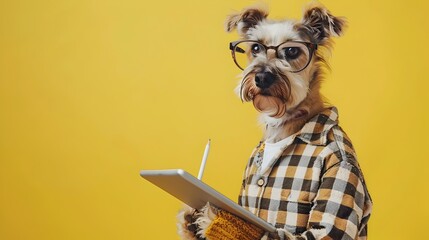 Adorable Dog Graphic Designer with Tablet and Stylus on Chartreuse Background
