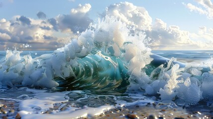 A wave crashing on the shore with foam and bubbles. The water is blue and the sky is cloudy