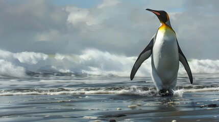 Fototapeta premium King pinguin walking at the beach. 