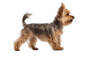 walking young yorkshire terrier, side view