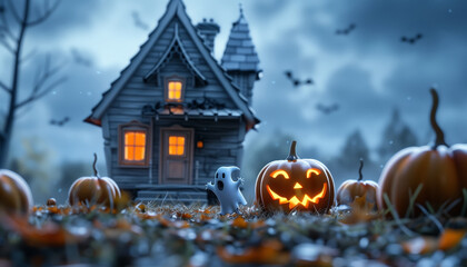 Obraz premium Spooky Halloween scene with a haunted house, jack-o'-lanterns, and ghost decorations on a foggy night.