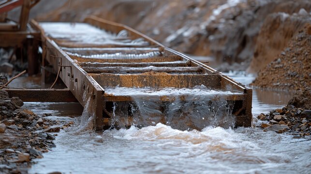 Water rushing over a sluice box in a mine.