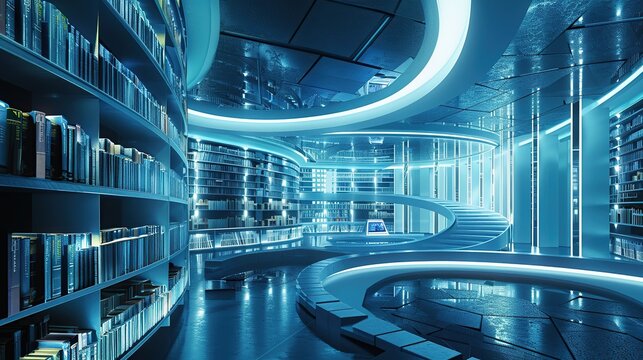 Futuristic library with spiral staircase and large collection of books. The atmosphere is calm and serene, with futuristic colored lighting in the room