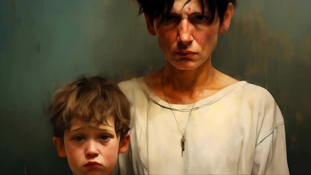 A little sad boy from a dysfunctional family stands with his mother