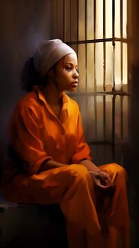 A young African American woman prisoner in an orange uniform sits in prison and thinks about the crime she committed	
