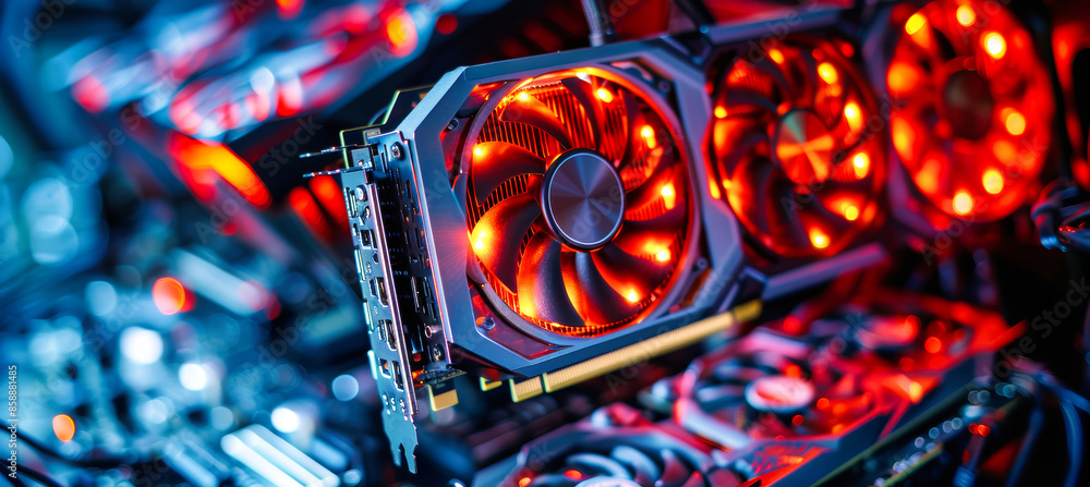 Poster a close-up of a video card in a computer, showcasing its vibrant red lights and intricate design
