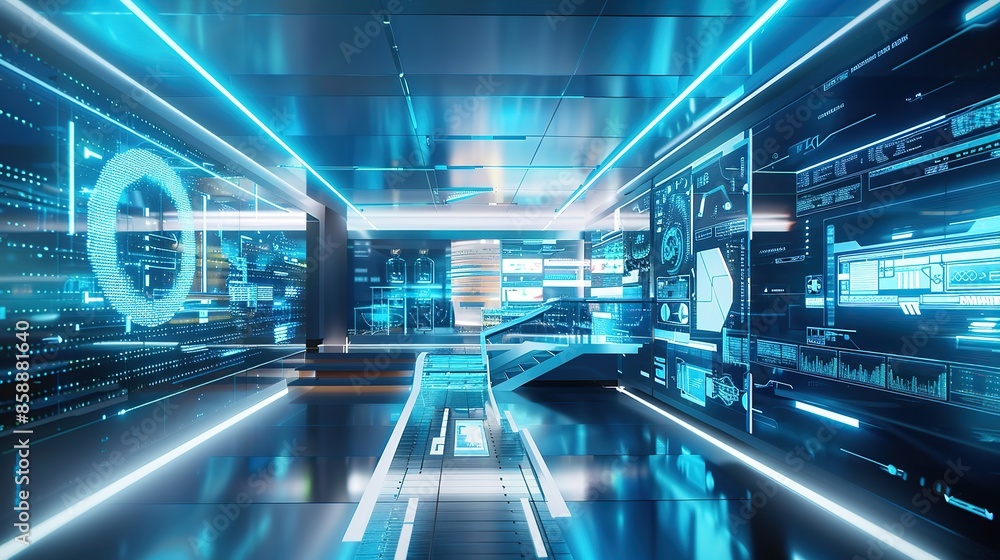 Aufkleber futuristic smart building with ai-driven cityscape with neon lights and glowing screens. the view is