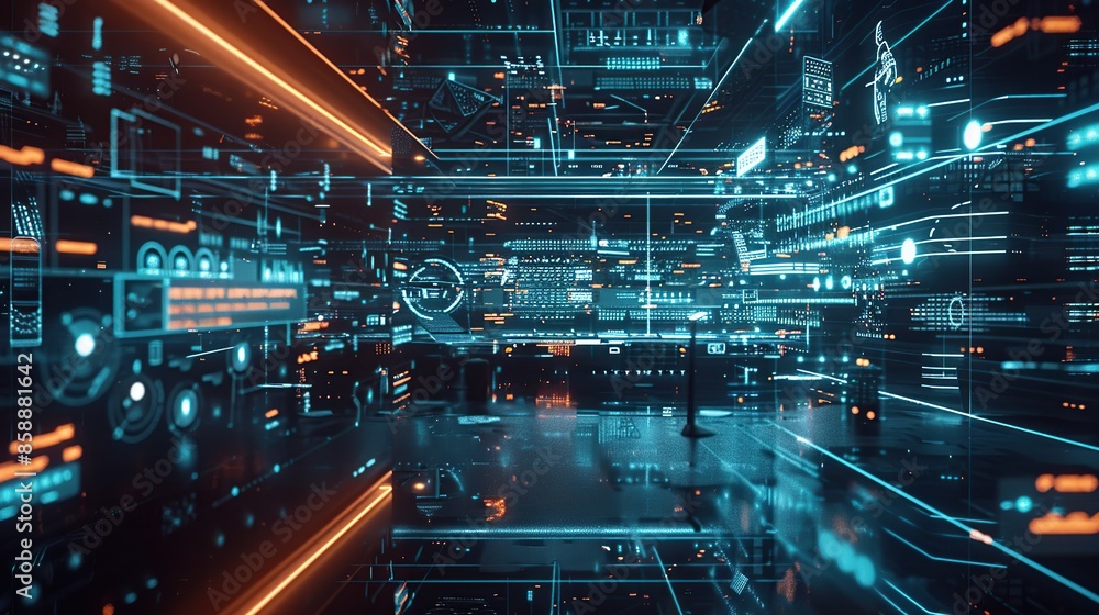 Aufkleber futuristic smart building with ai-driven cityscape with neon lights and glowing screens. the view is